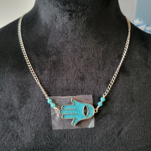 Evil Eye Hand Jewelry Set – Necklace & Bracelet with Blue Beads – New in Pouch - Picture 5 of 10